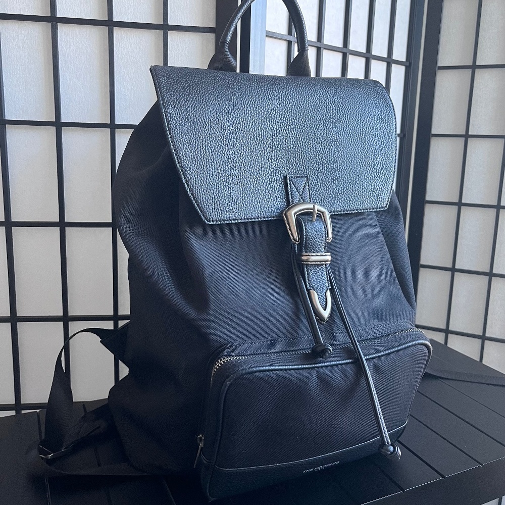 The Kooples Black Leather/Canvas Backpack w/ Western Buckle Clasp